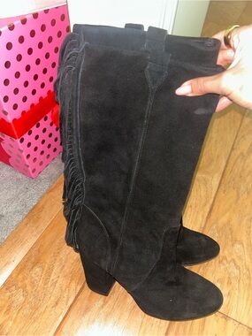Nine West Black Suede Fringe Heeled Boots